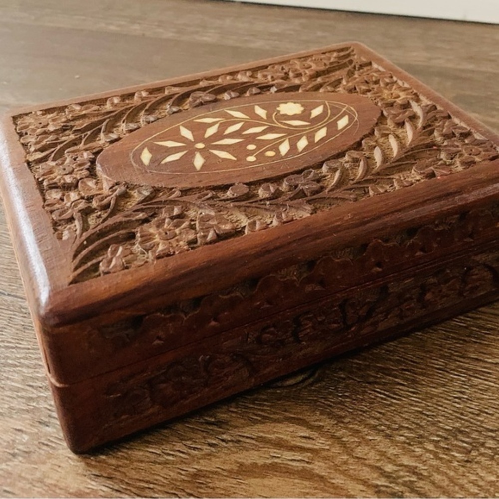 Vintage Hand Carved Wooden And Inlaid Trinket Box From India